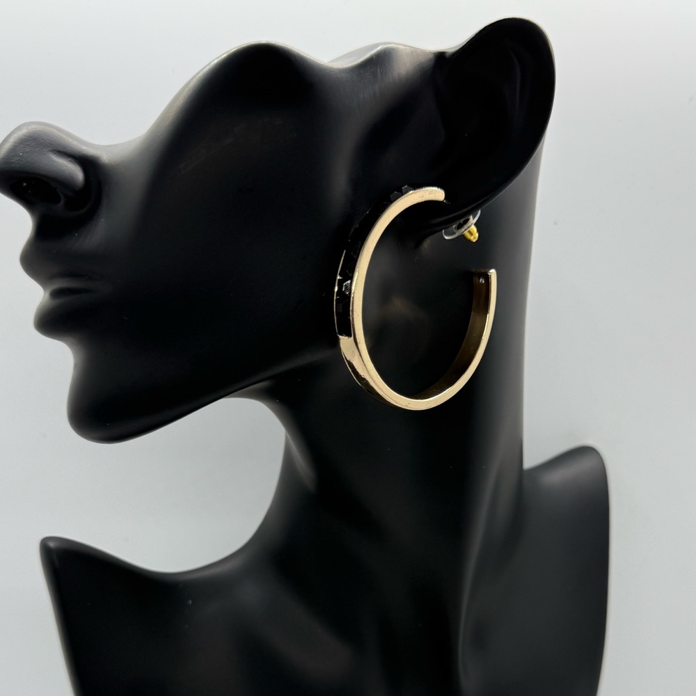 Daisy Fuentes 2”‎ Solid Gold Hoop Earrings w/ Black Rhinestone Accents